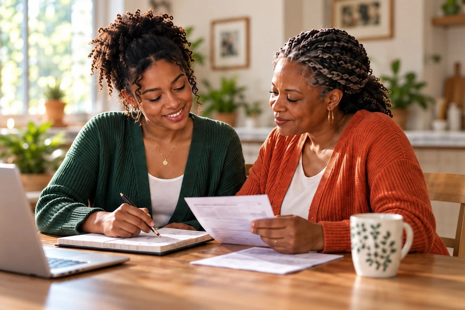 Two women reviewing household paperwork together at a kitchen table